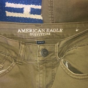 AE Stretch Distressed Green Army Style Jeans, sz 2